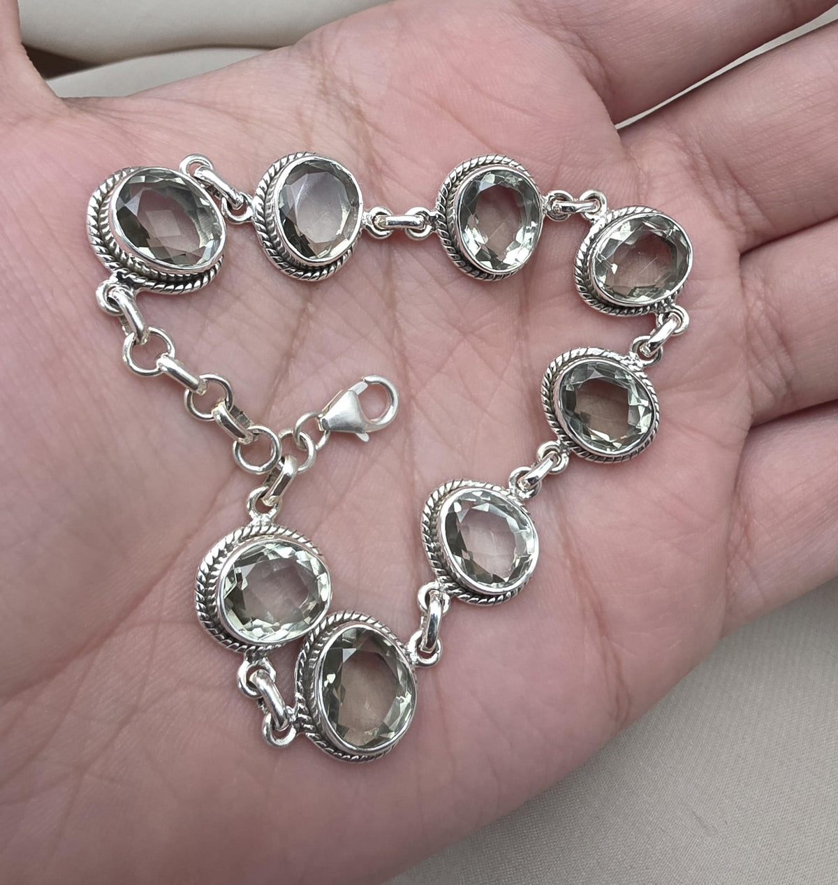 925 Sterling Silver Green Amethyst Bracelet Oval Prasiolite Gemstone Vintage Boho Bracelet for Women