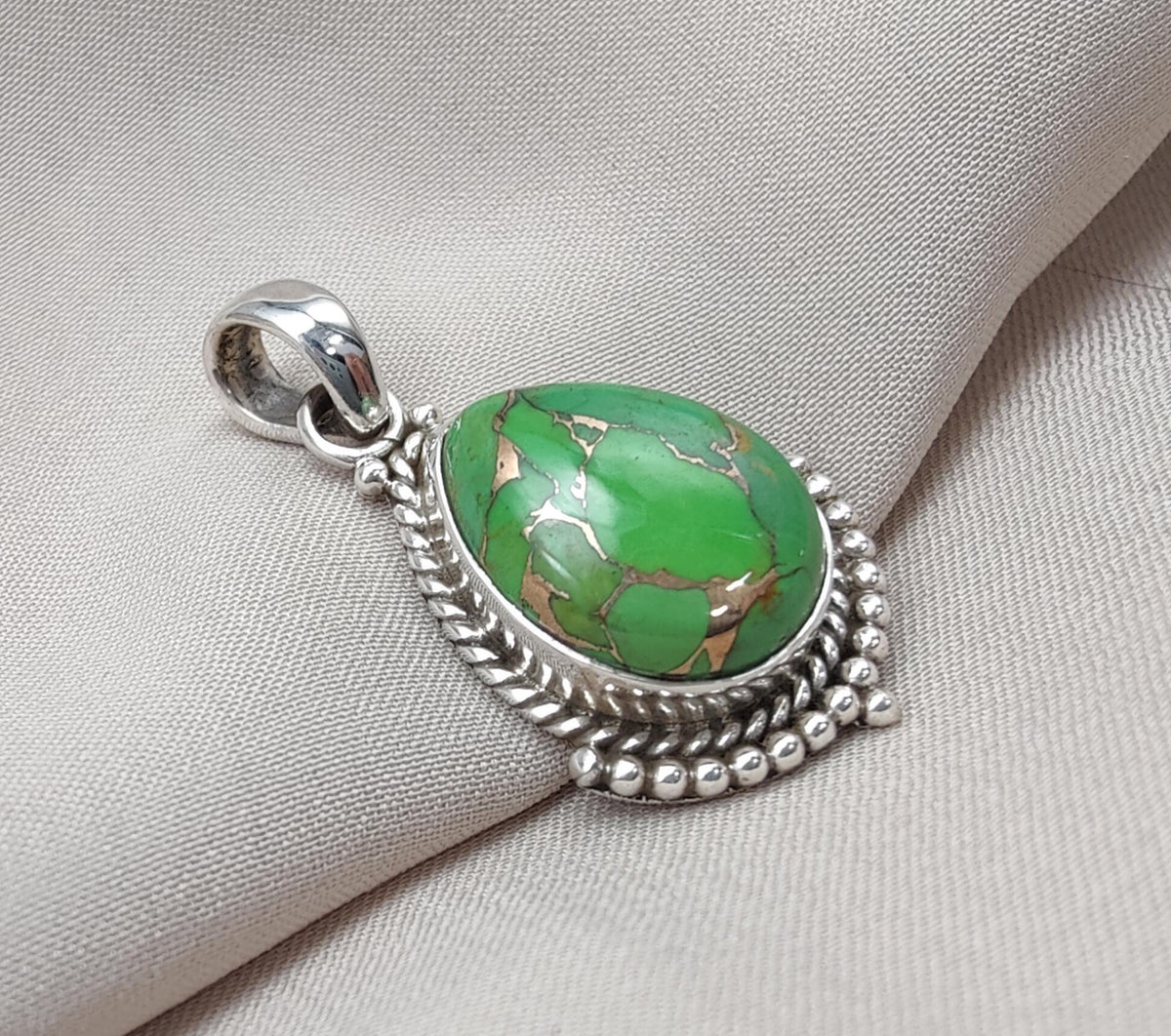 Green Copper Turquoise Pendant: Sterling Silver Boho Necklace