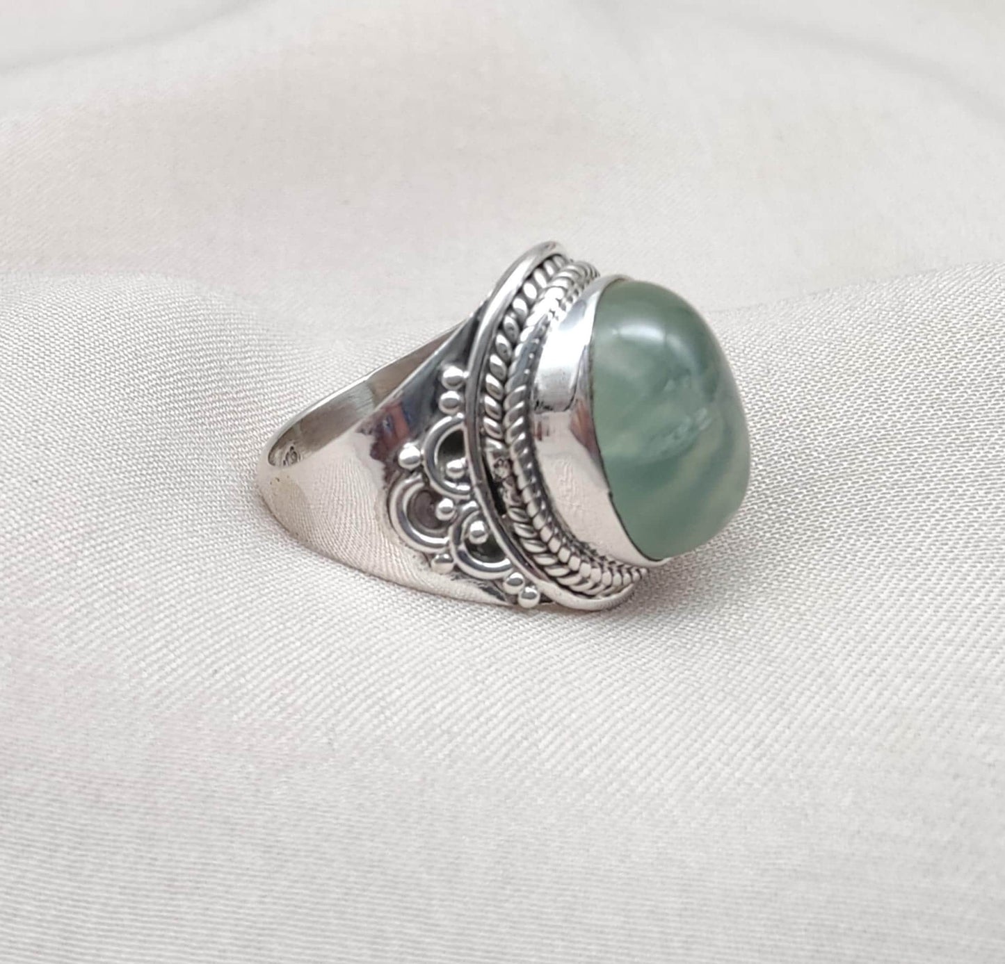 Prehnite 925 Sterling Silver Ring: Handmade Boho Healing Crystal