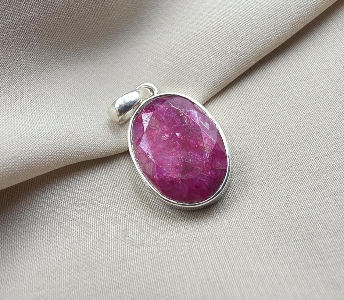 925 Sterling Silver Oval Ruby Pendant, July Birthstone Jewelry, Handmade Bezel Setting