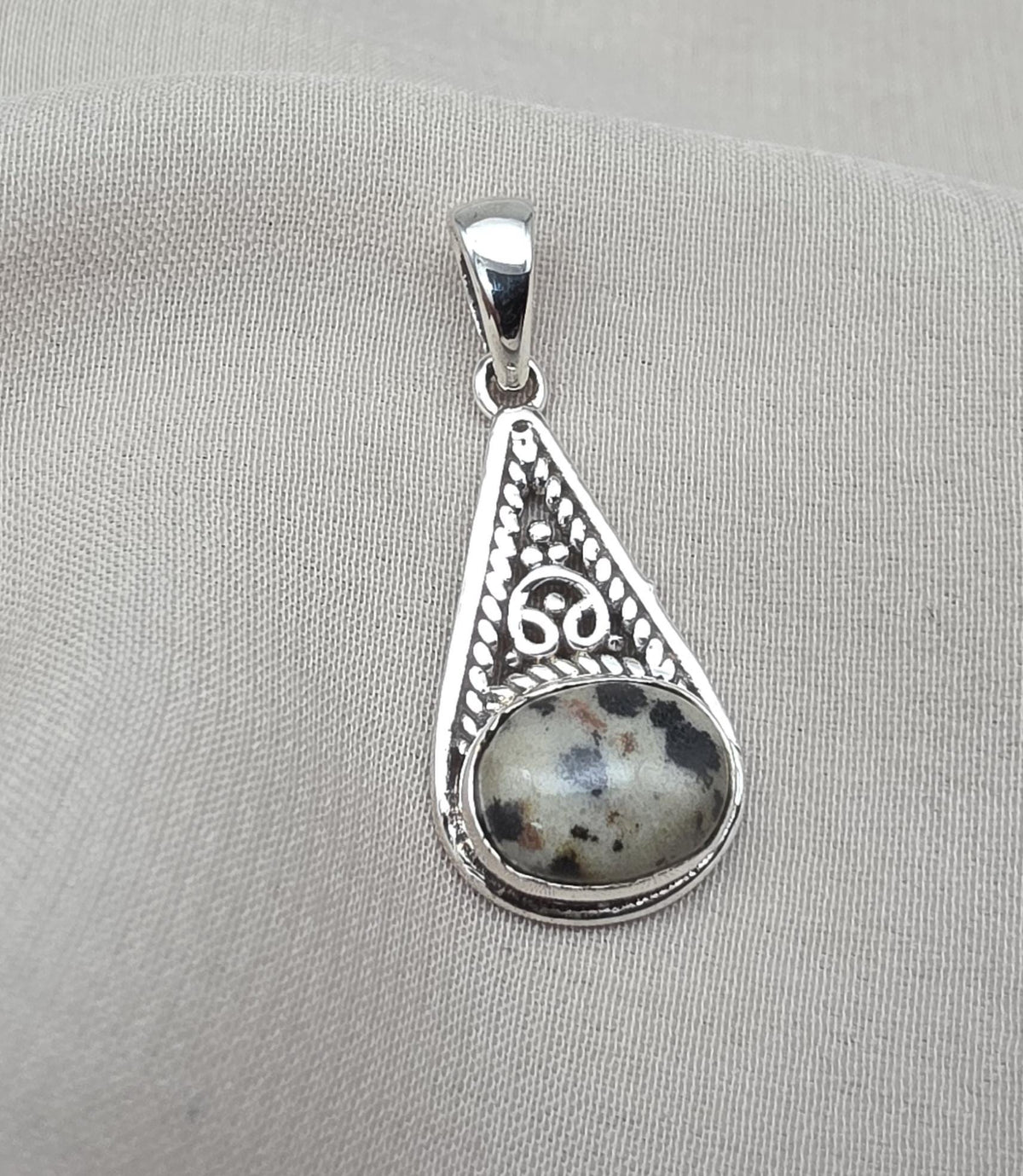 Sterling Silver Dalmatian Jasper Pendant: Teardrop Boho Necklace