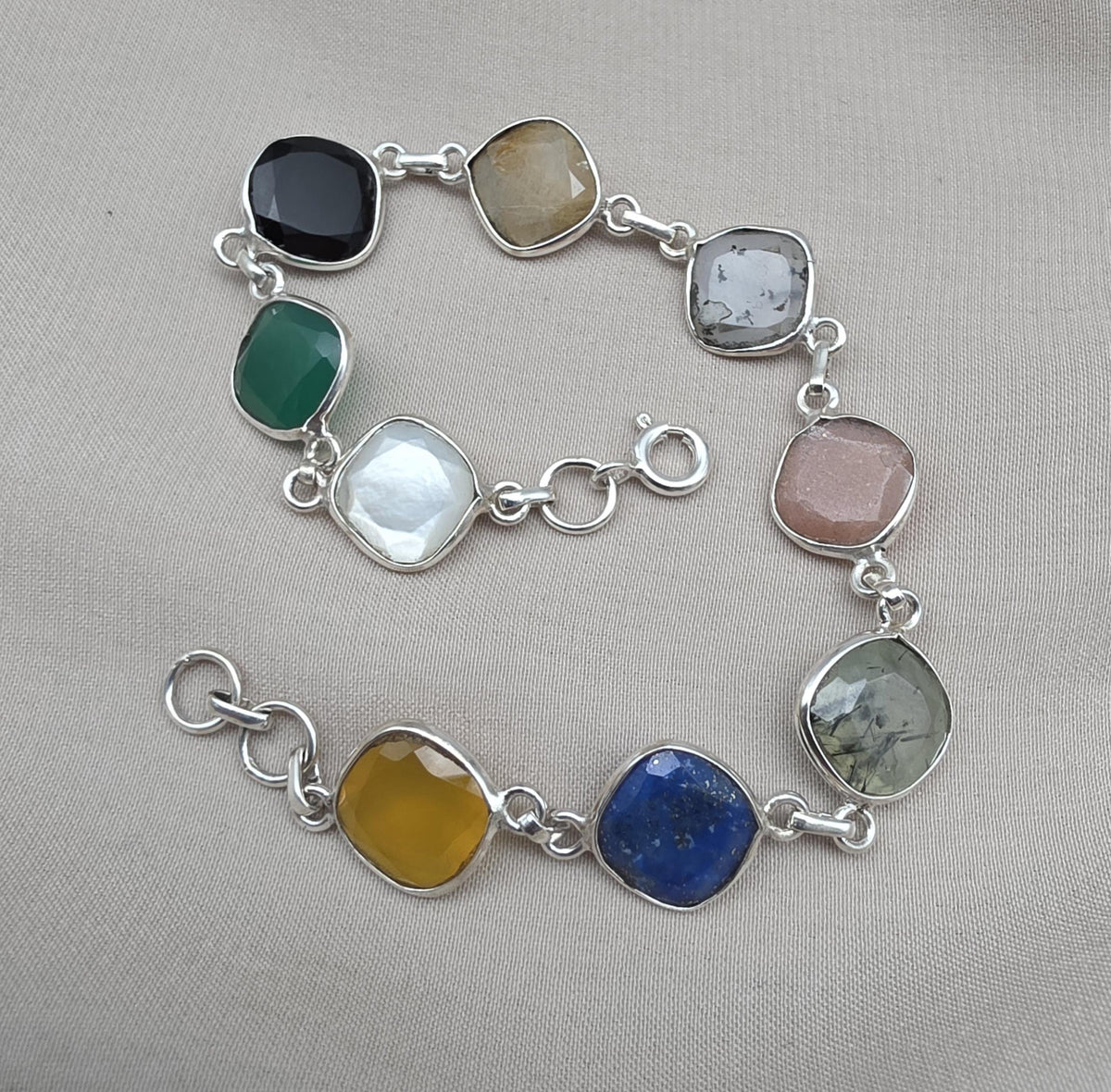 925 Sterling Silver Multi Stone Bracelet Natural Gemstone Cushion Link Jewelry