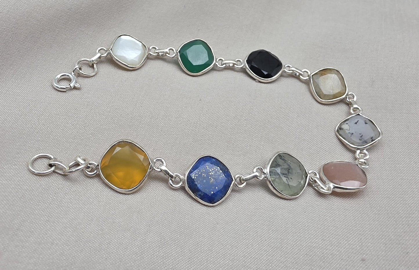 Multi Gemstone Bracelet 925 Sterling Silver Colorful Statement Bracelet