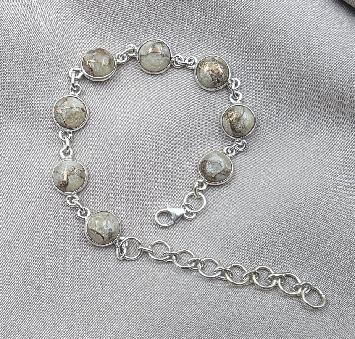 925 Sterling Silver Copper Calcite Bracelet Natural Round Gemstone Link Bracelet Gift for Her