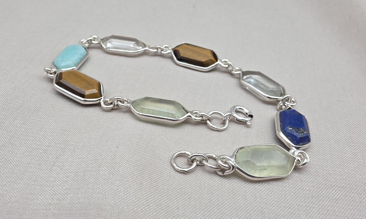 Multi Gemstone Bracelet 925 Silver Colorful Stone Jewelry Hexagon Gemstone Gift for Her