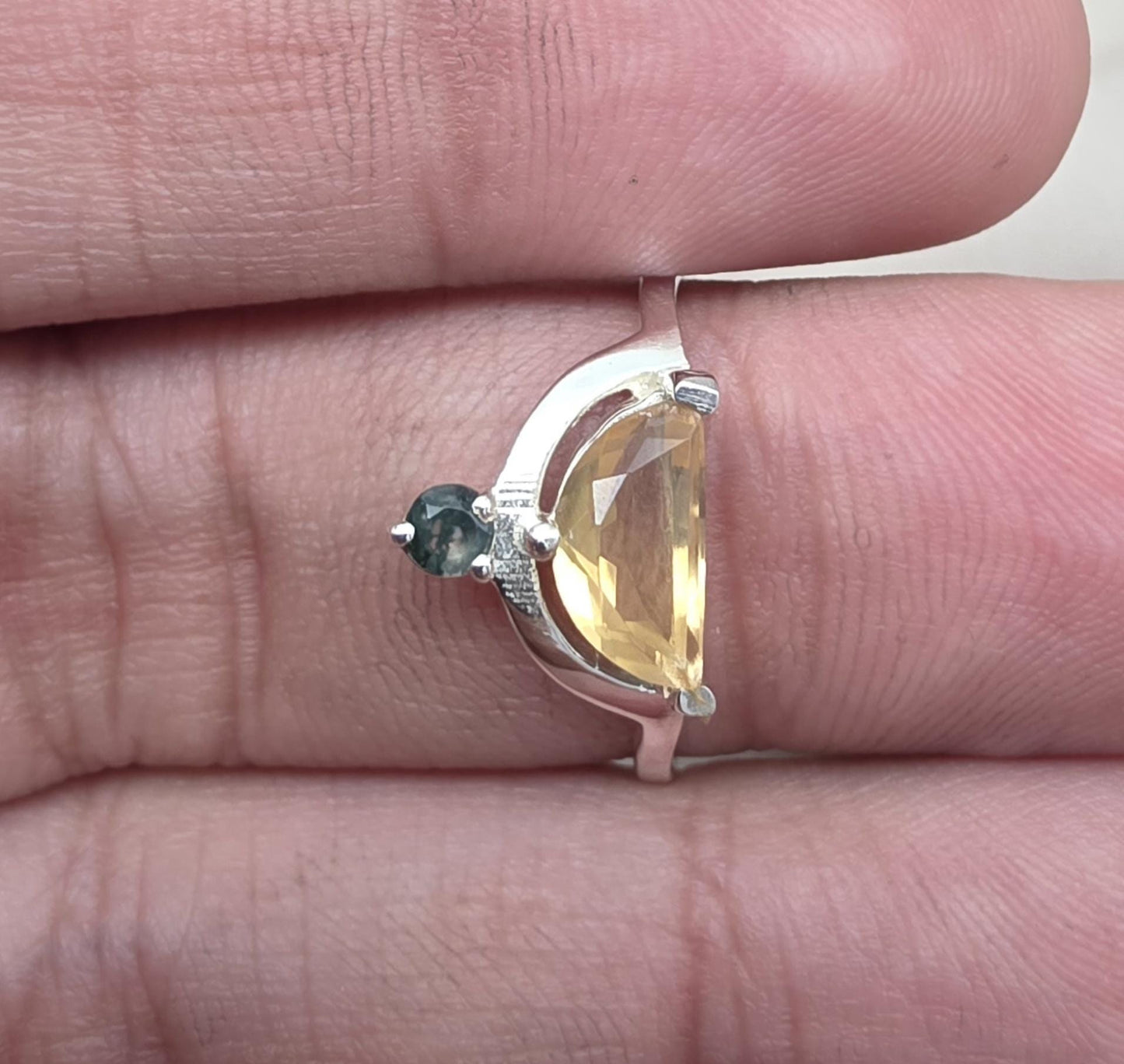 Citrine Ring 925 Sterling Silver Dual Stone Moss Agate Statement Ring