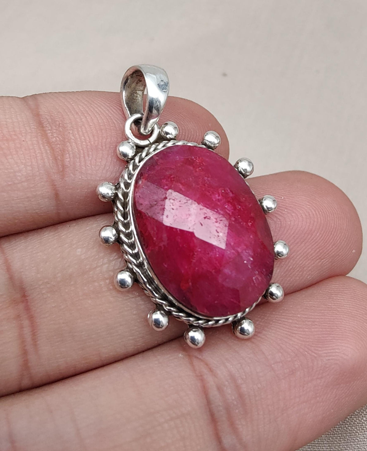 Handmade Ruby Pendant Necklace: Oval Faceted 925 Sterling Silver, July Birthstone