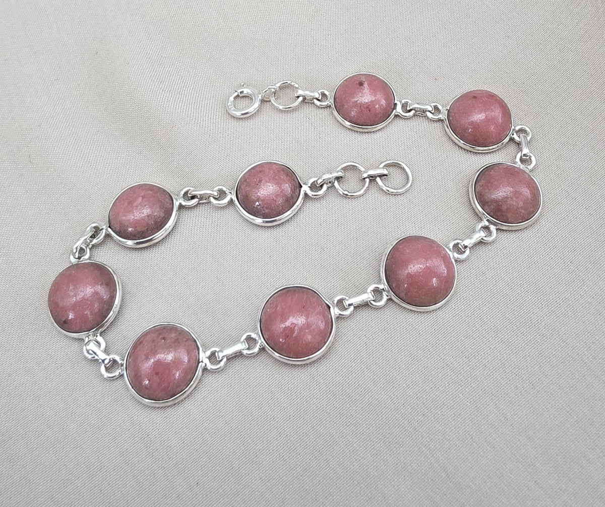Rhodochrosite Bracelet 925 Sterling Silver Round Cabochon Pink Gemstone Link Bracelet Handmade Jewelry
