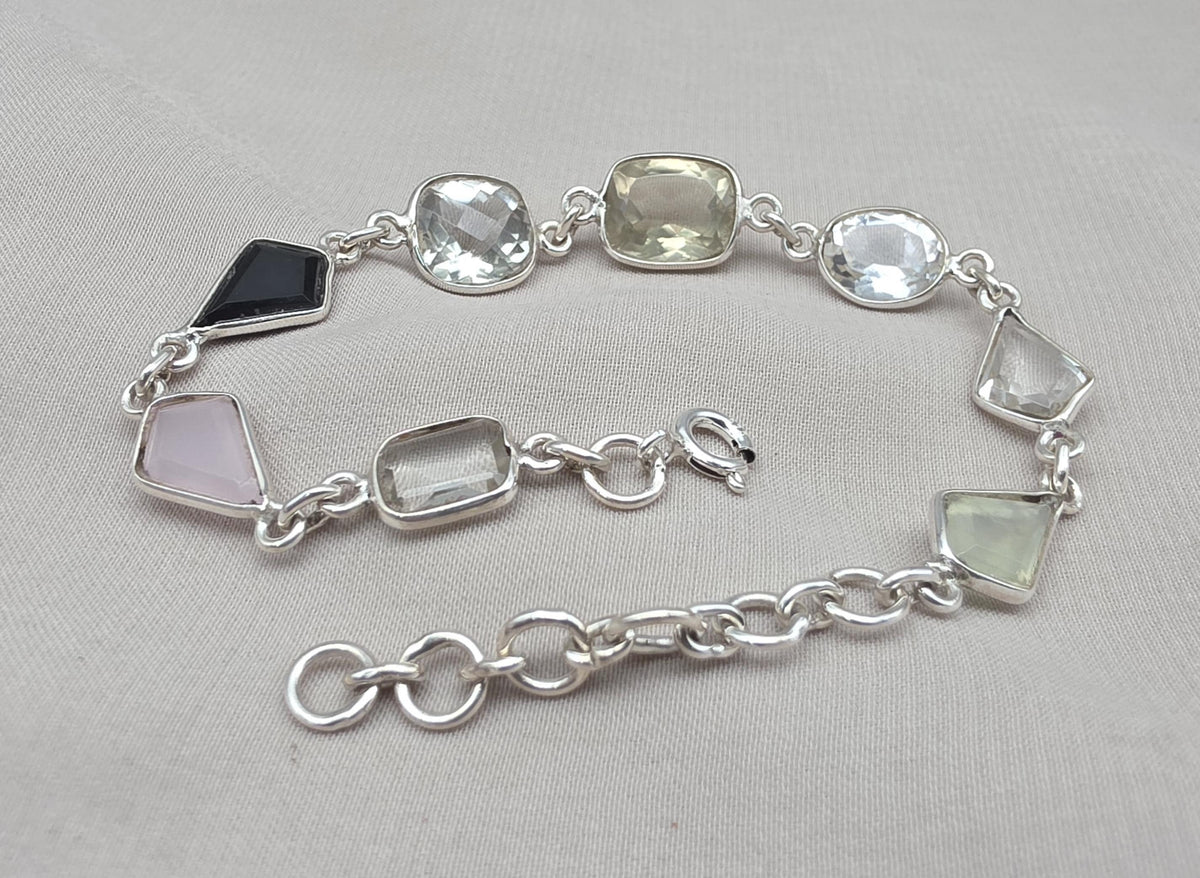 925 Sterling Silver Multi Gemstone Bracelet, Colorful Boho Link Jewelry Gift Her