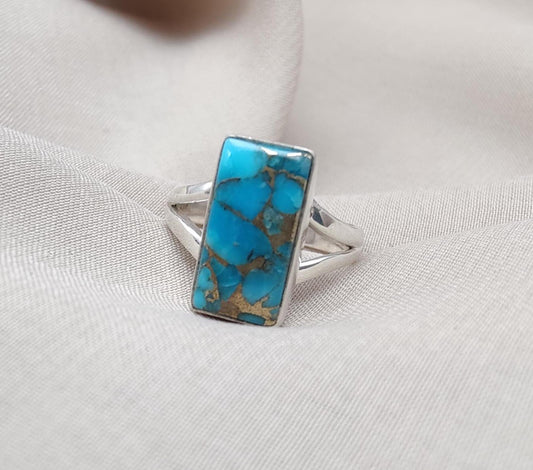 Blue Copper Turquoise 925 Sterling Silver Ring: Boho Gemstone Jewelry