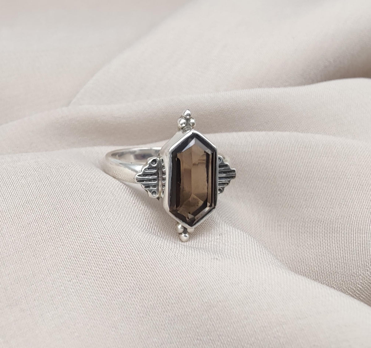 Smoky Quartz Sterling Silver Ring: Hexagon Gemstone, Boho Jewelry