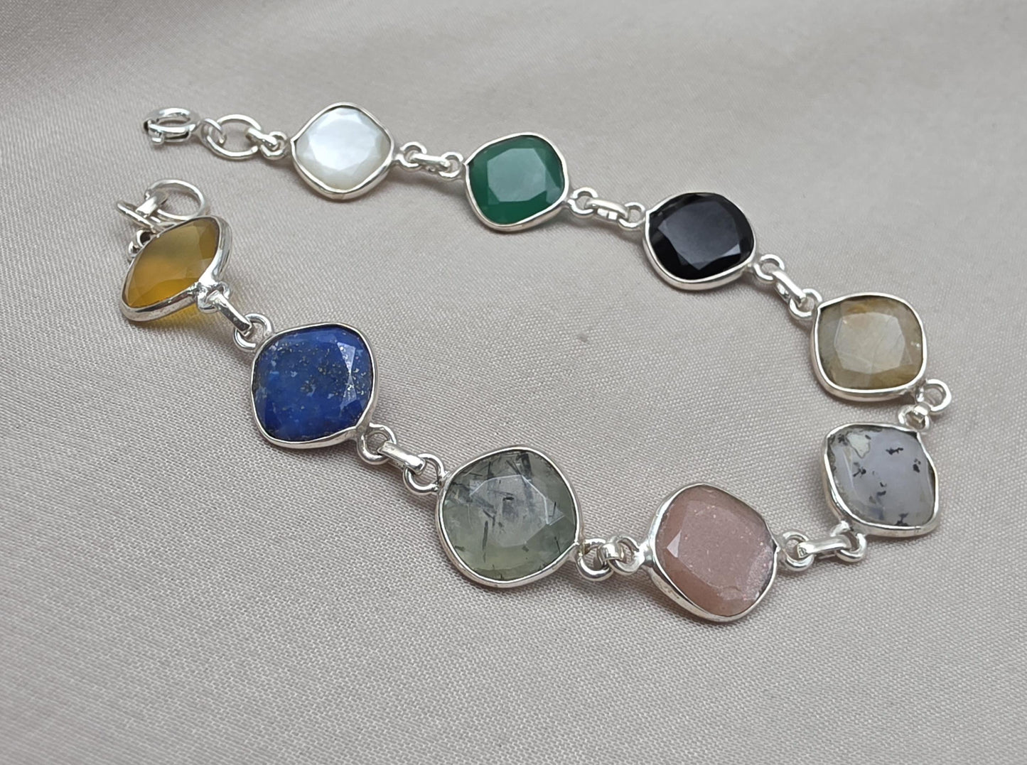 Multi Gemstone Bracelet 925 Sterling Silver Colorful Statement Bracelet