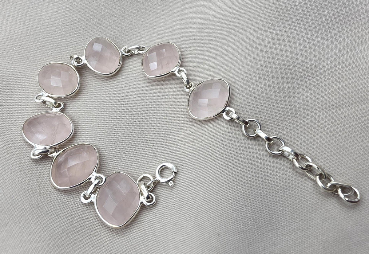 925 Sterling Silver Rose Quartz Natural Gemstone Link Bracelet Handmade Jewelry Gift for Her