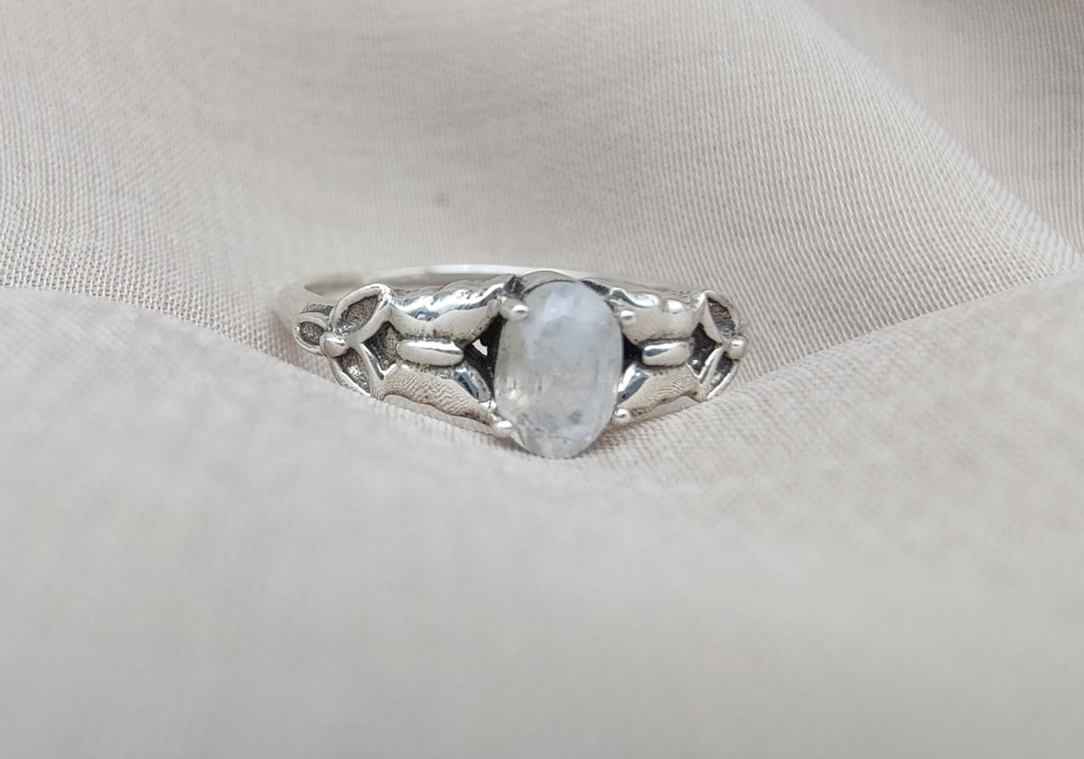 Rainbow Moonstone Goddess Ring: 925 Sterling Silver, Boho Spiritual Jewelry