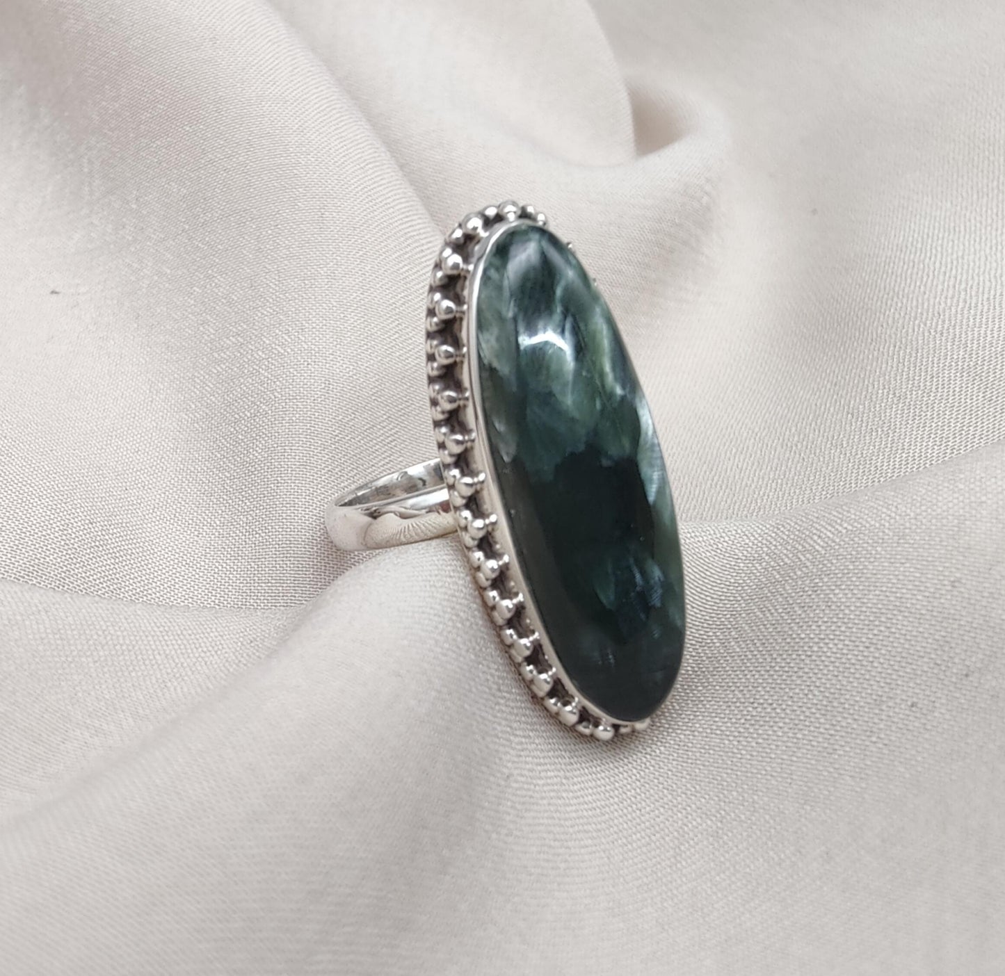 Seraphinite 925 Sterling Silver Ring Handmade Boho Vintage Statement Jewelry