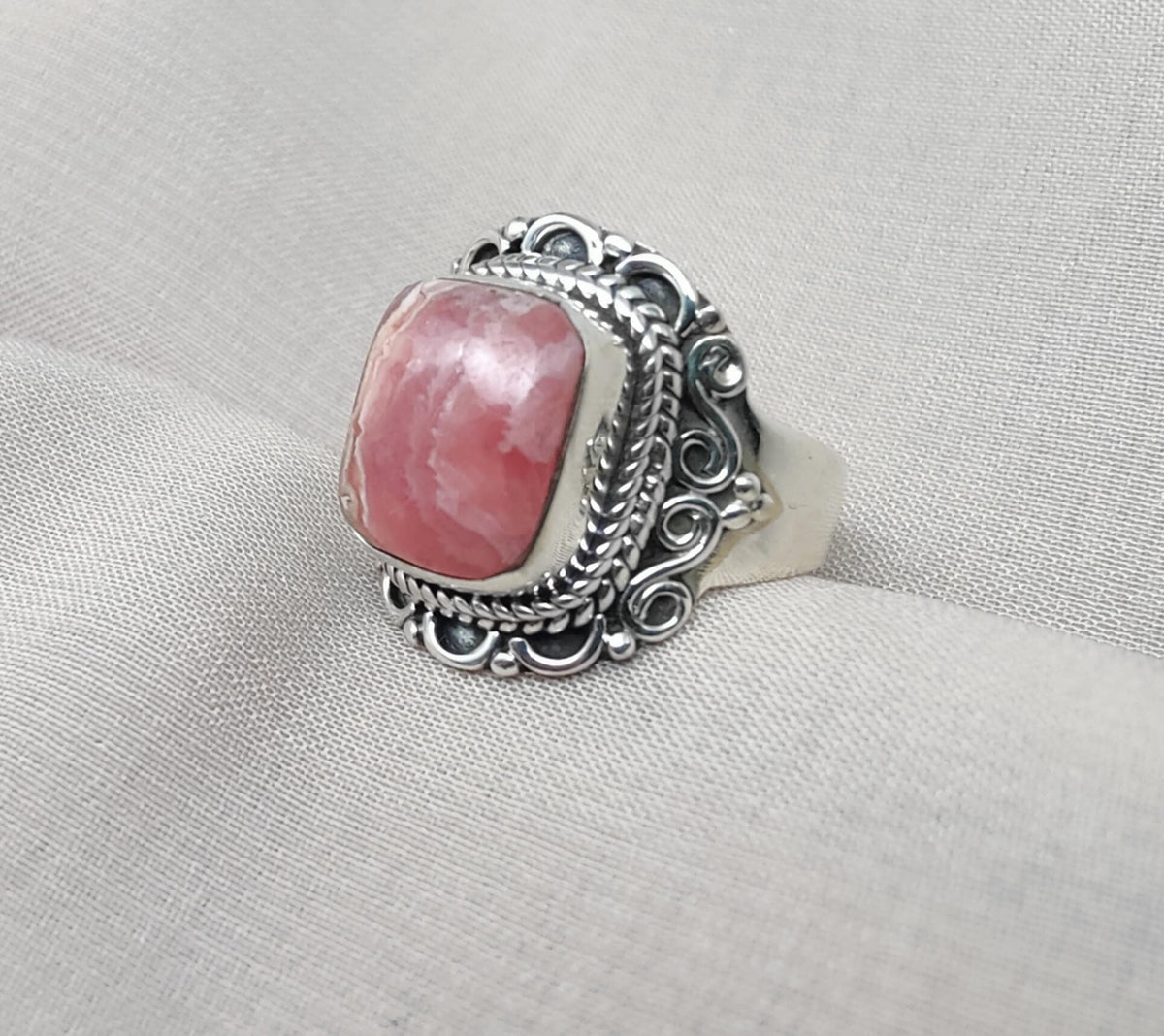 Handmade Rhodochrosite Sterling Silver Ring: Boho October Birthstone