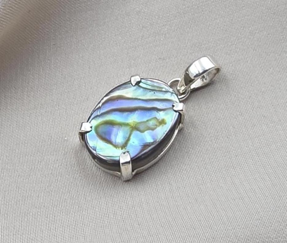 925 Sterling Silver Abalone Shell Pendant, Natural Iridescent Shell Necklace, Oval Abalone Gemstone Jewelry, Ocean Inspired Gift for Women