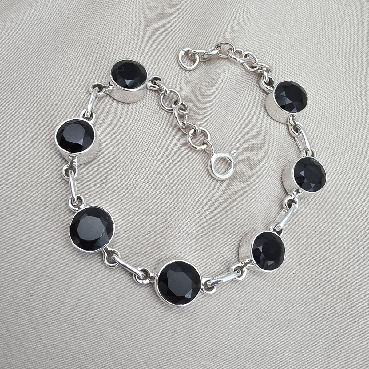 Black Onyx Bracelet 925 Sterling Silver Round Stone Link Bracelet Handmade Jewelry