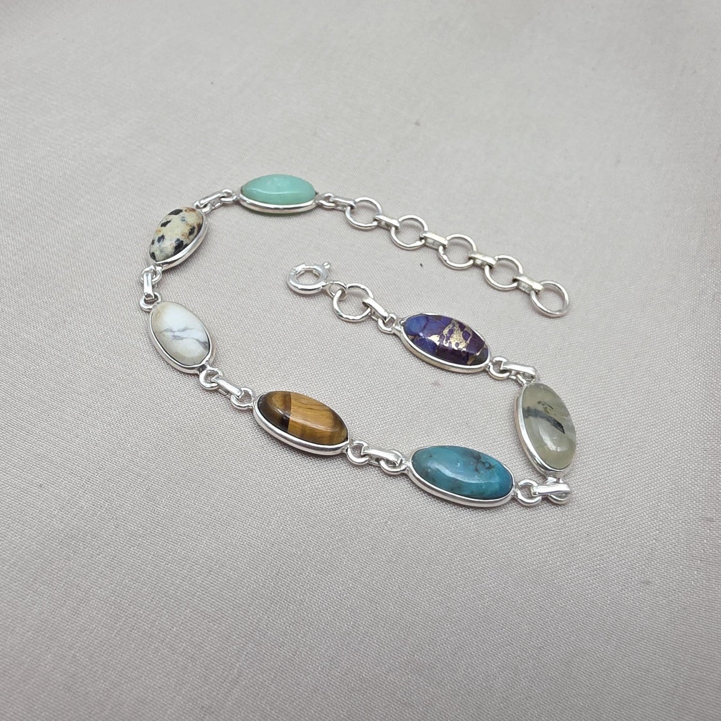 925 Sterling Silver Boho Bracelet Multi Gemstone Colorful Statement Jewelry