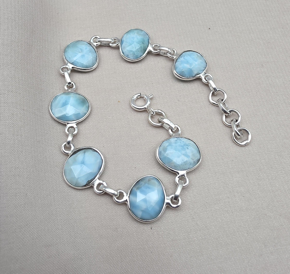 Natural Larimar Handmade  Bracelet : 925 Sterling Silver Blue Gemstone Adjustable Bracelet