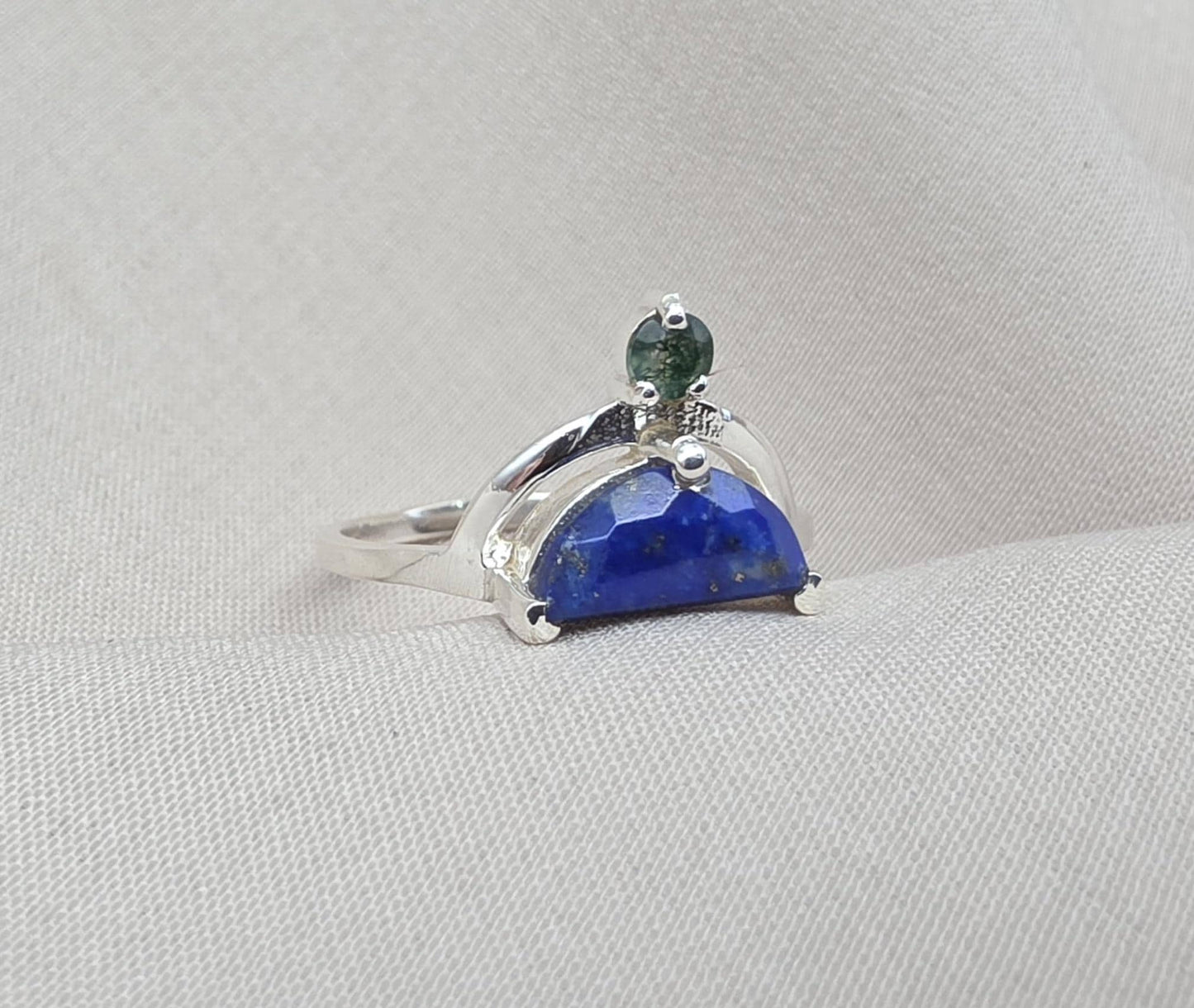 Lapis Lazuli Ring 925 Sterling Silver Dual Stone Moss Agate Statement Ring
