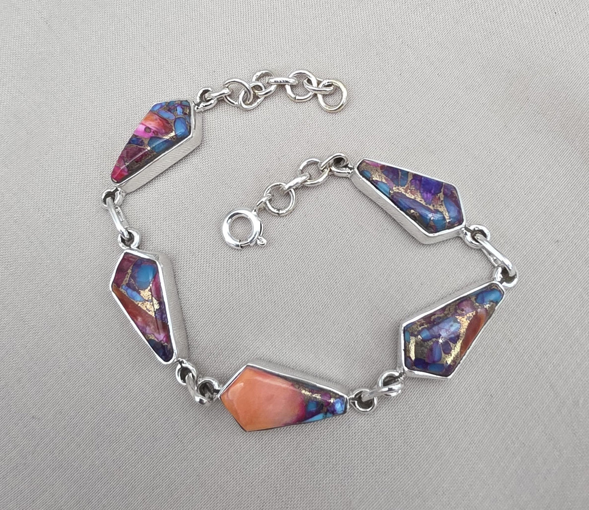 Spiny Oyster Turquoise 925 Sterling Silver Multi Stone Link Bracelet Handmade Boho Statement Jewelry