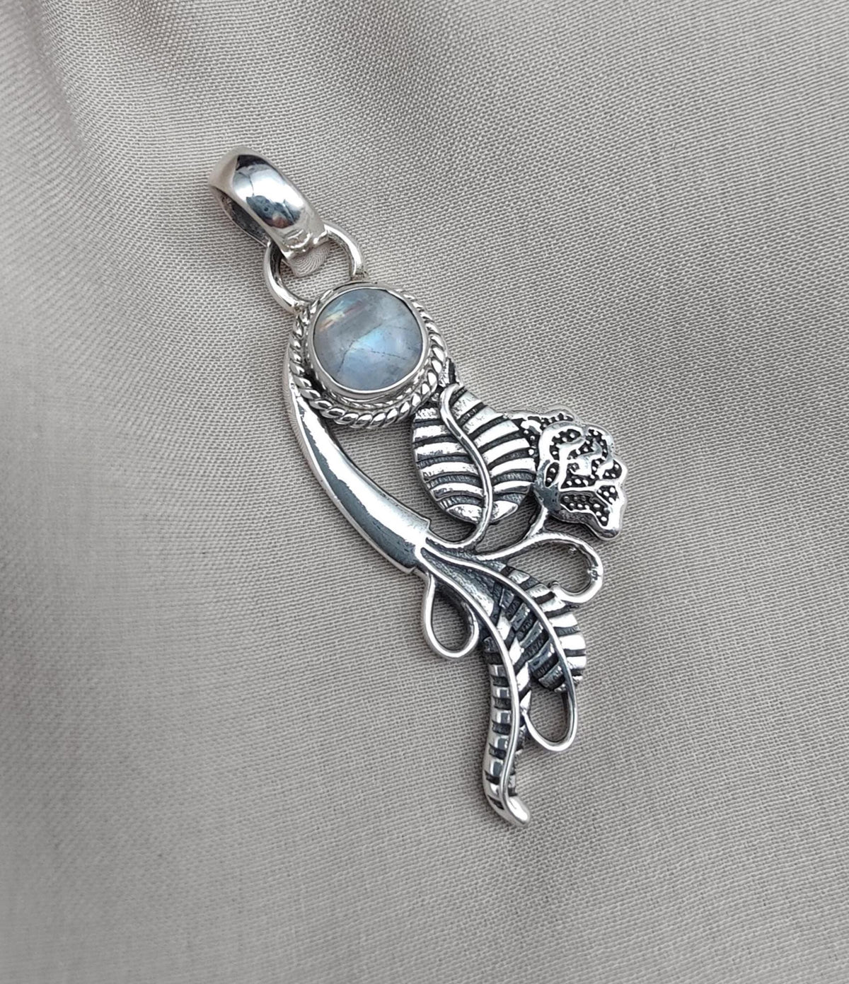 Rainbow Moonstone Silver Pendant: Artisan Floral Leaf Design, Boho Charm