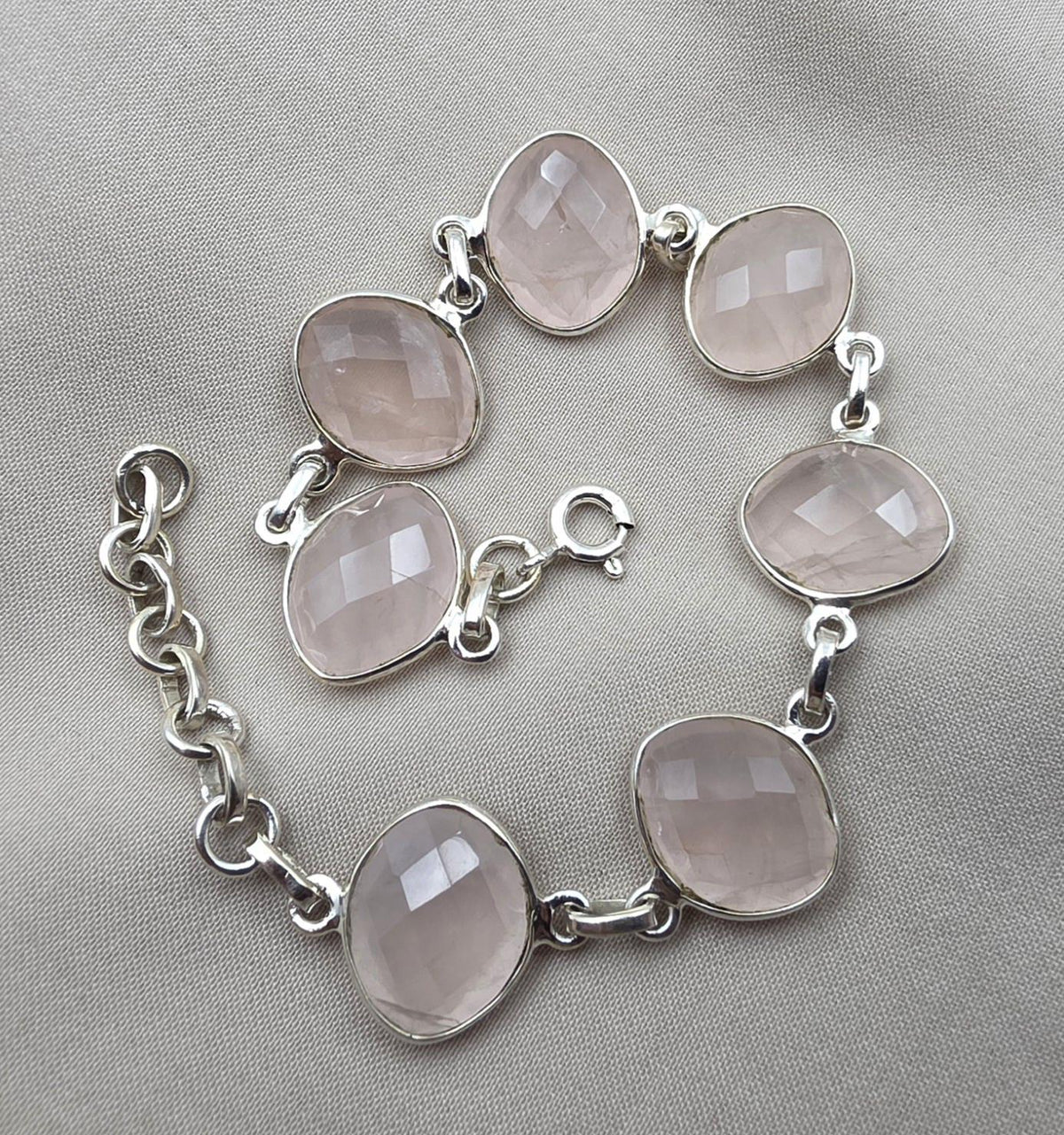 925 Sterling Silver Rose Quartz Natural Gemstone Link Bracelet Handmade Jewelry Gift for Her