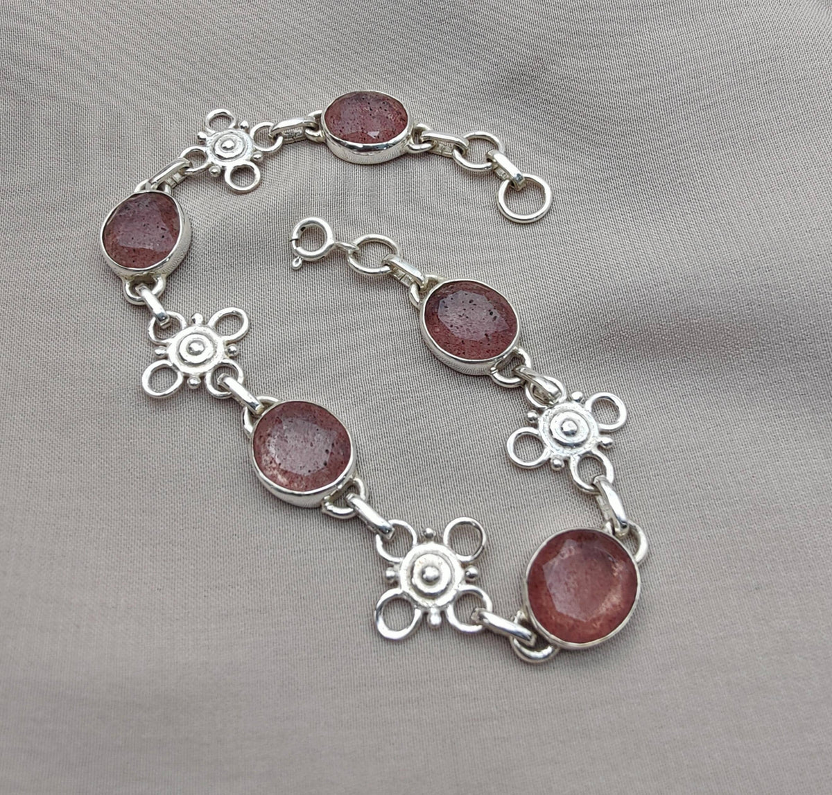 Pink Strawberry Quartz 925 Sterling Silver Bracelet | Handmade Adjustable Gemstone Jewelry Gift for Women