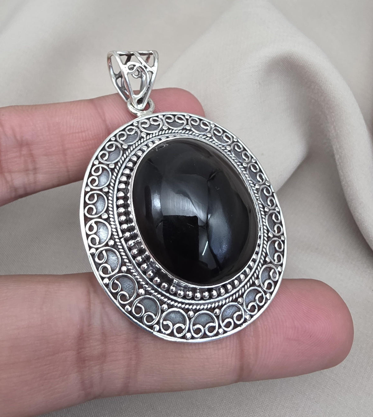 925 Sterling Silver Natural Black Onyx Silver Pendant Oval Cabochon Handmade Gemstone Jewelry