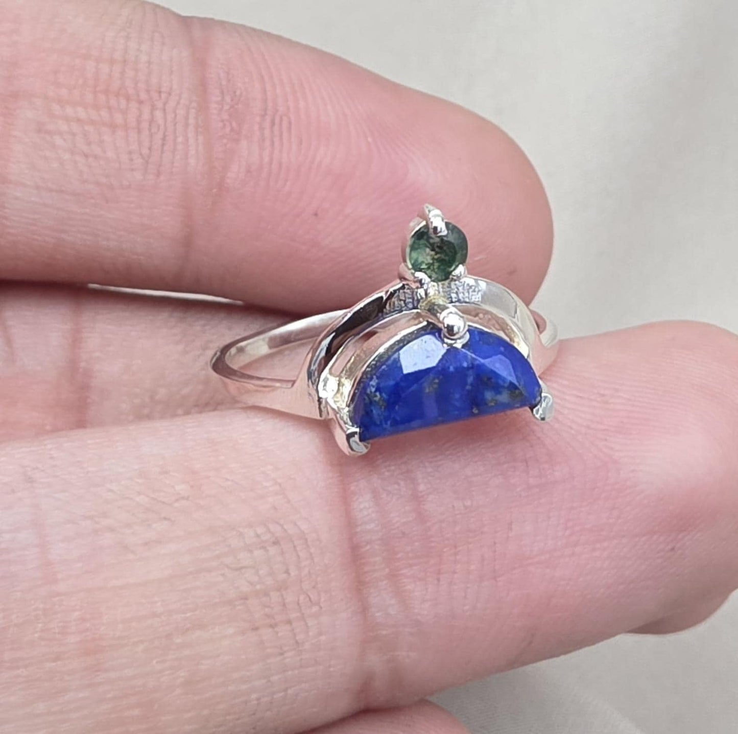 Lapis Lazuli Ring 925 Sterling Silver Dual Stone Moss Agate Statement Ring