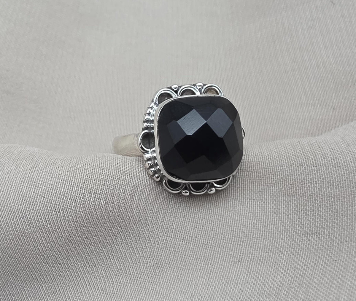 925 Sterling Silver Black Onyx Ring Cushion Cut Natural Gemstone Handmade Vintage Style Gift