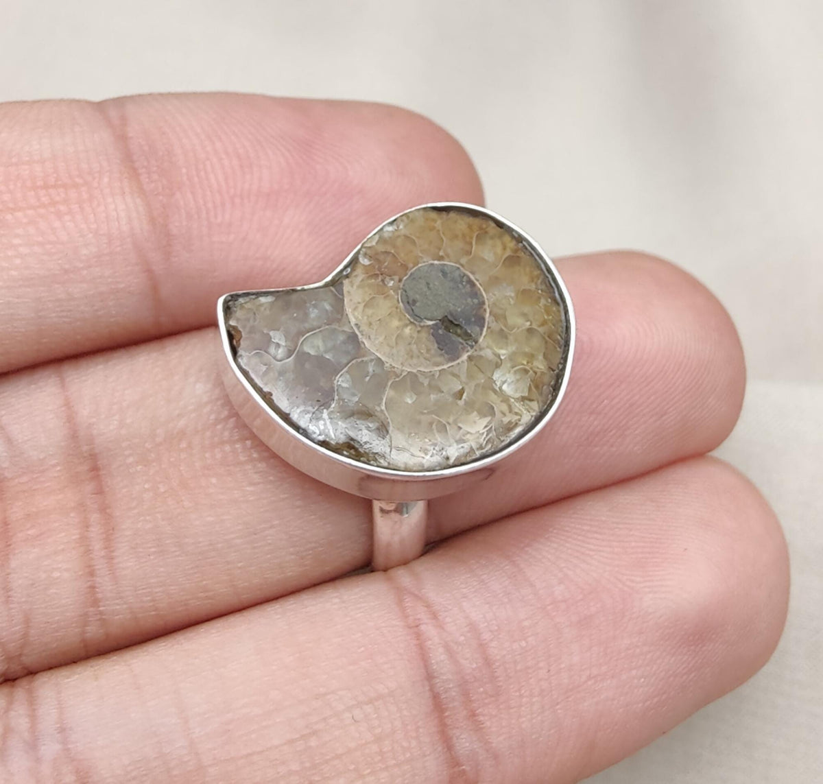Ammonite Fossil Ring: 925 Sterling Silver Boho Statement Jewelry