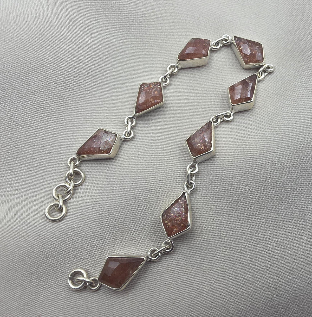 925 Sterling Silver Natural Sunstone Bracelet Handmade Gemstone Link Jewelry