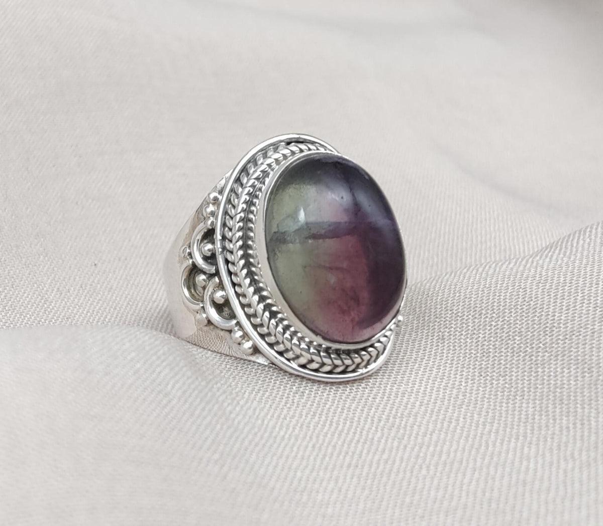 Rainbow Fluorite Ring: 925 Sterling Silver Boho Statement Jewelry