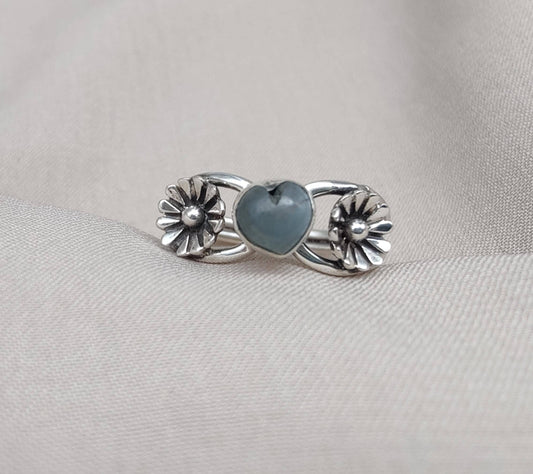 Aquamarine Heart Ring 925 Sterling Silver Floral Boho Ring