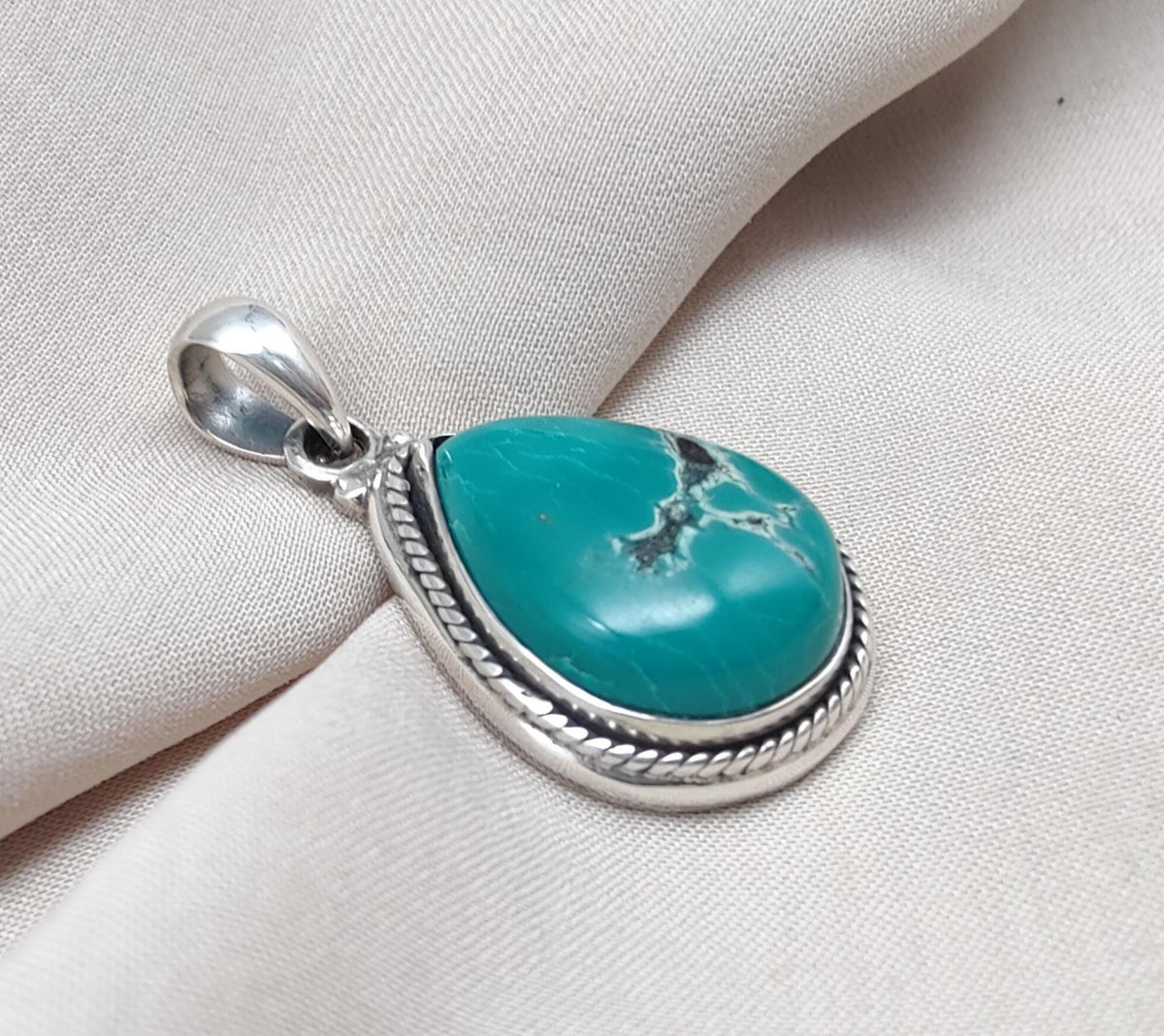 Tibetan Turquoise Pear Pendant: Sterling Silver Boho Necklace