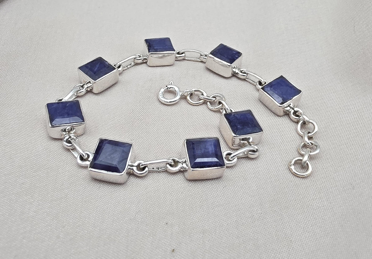 Blue Sapphire Cushion Link Bracelet 925 Sterling Silver Square Faceted Gemstone Bracelet Handmade Jewelry