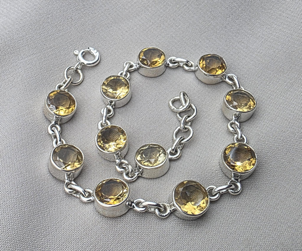 925 Sterling Silver Citrine Bracelet Natural Yellow Gemstone Link Jewelry