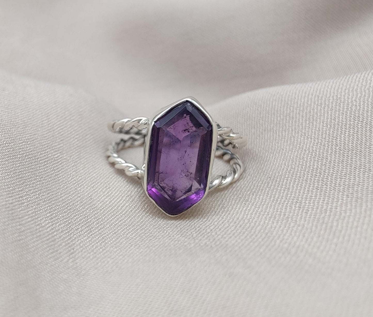 Amethyst Hexagon 925 Sterling Silver Ring: Twisted Band, Spiritual Jewelry