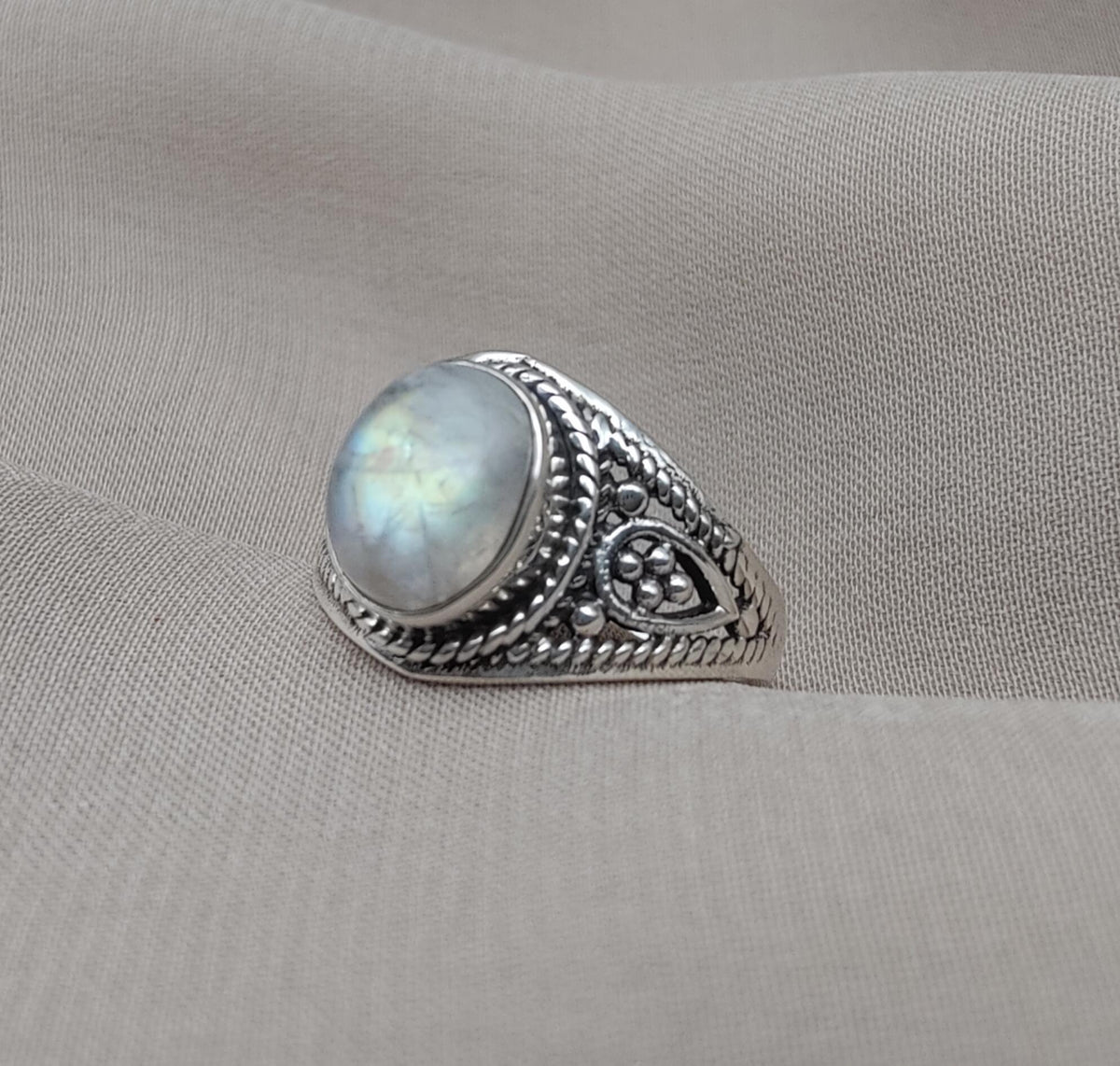 Rainbow Moonstone Ring: Oxidized 925 Sterling Silver, Boho Floral Design