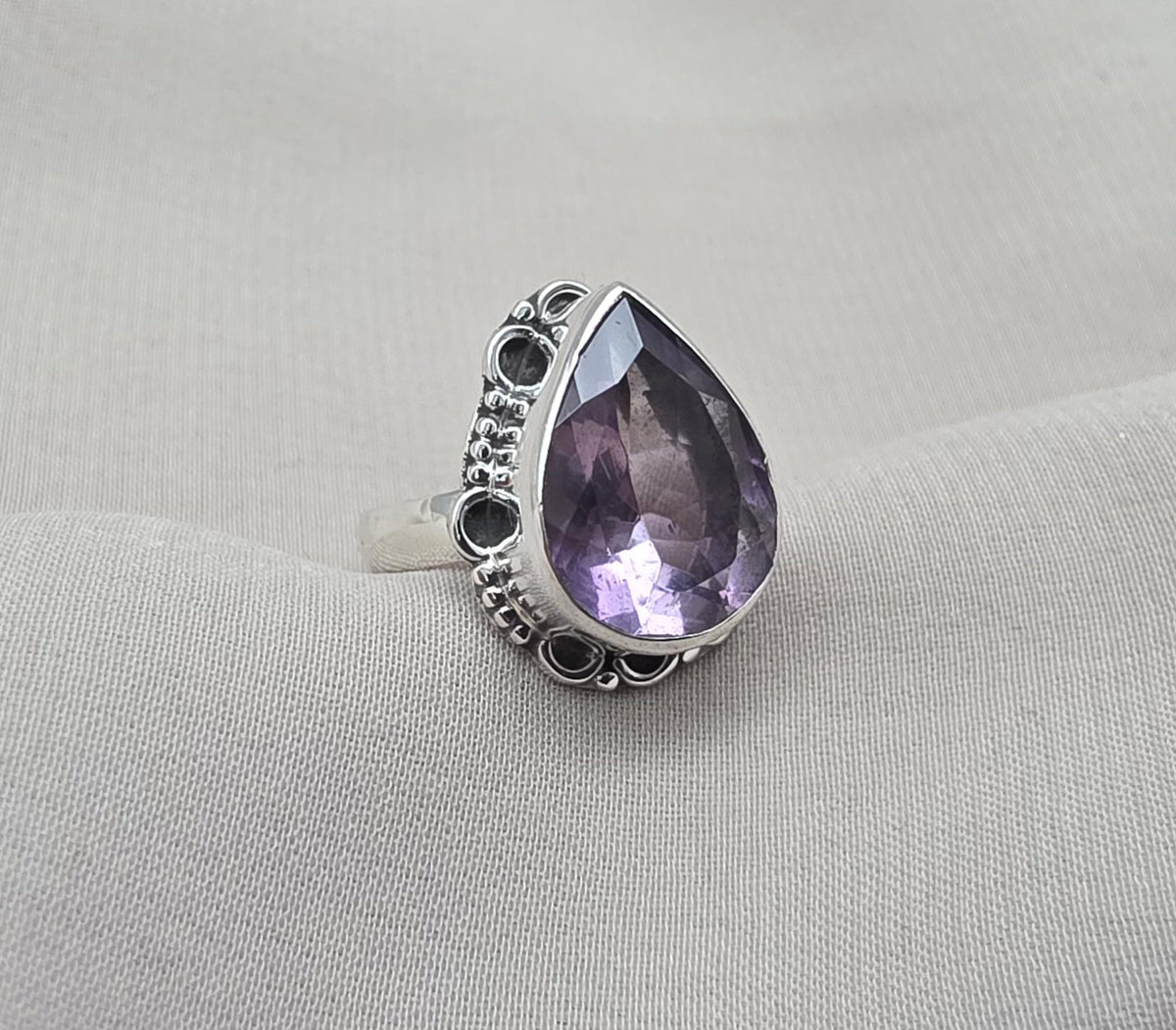 925 Sterling Silver Amethyst Ring Pear Shape Purple Gemstone Statement Ring February Birthstone