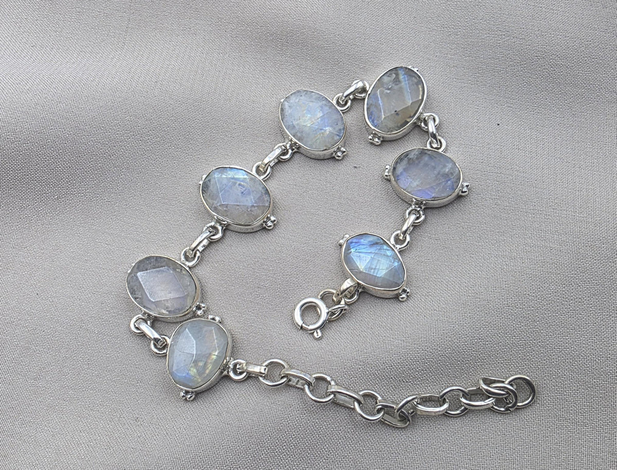 Rainbow Moonstone 925 Sterling Silver Bracelet Natural Oval Link Jewelry