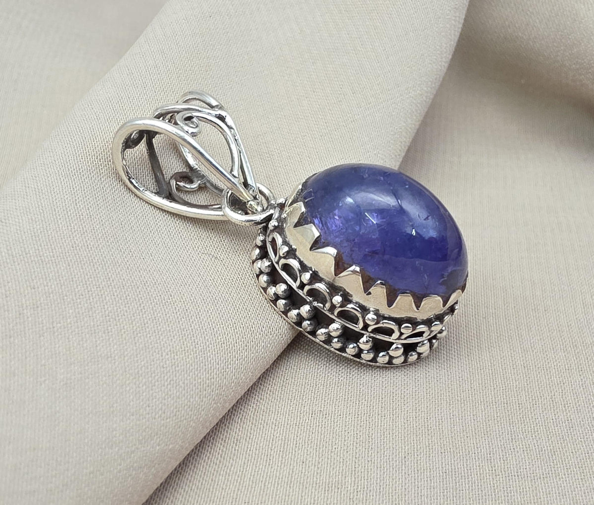 Natural Tanzanite Cabochon Pendant 925 Sterling Silver Handmade Blue Violet Gemstone Jewelry Gift