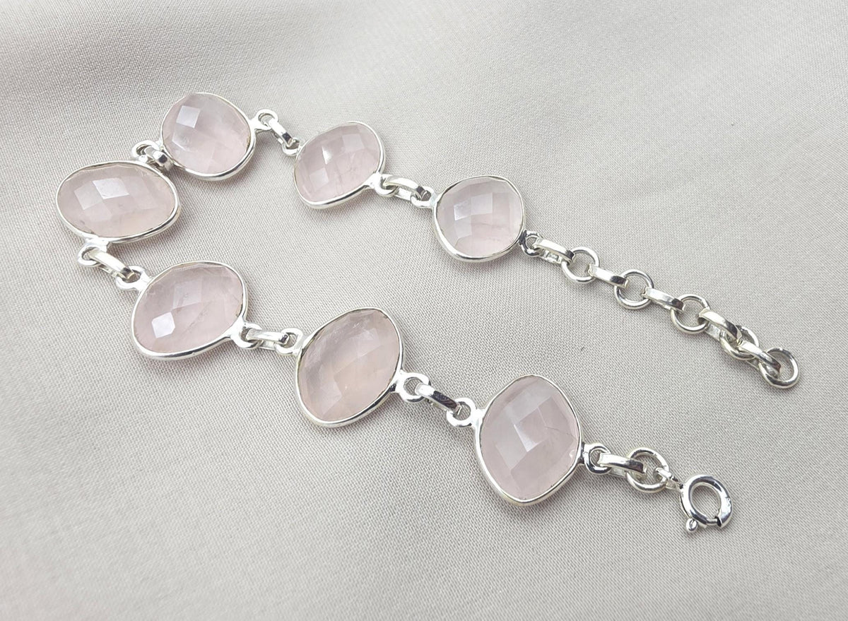 925 Sterling Silver Rose Quartz Natural Gemstone Link Bracelet Handmade Jewelry Gift for Her