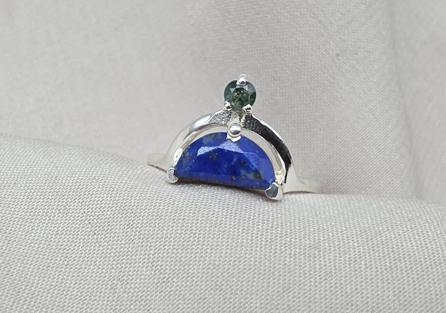Lapis Lazuli Ring 925 Sterling Silver Dual Stone Moss Agate Statement Ring