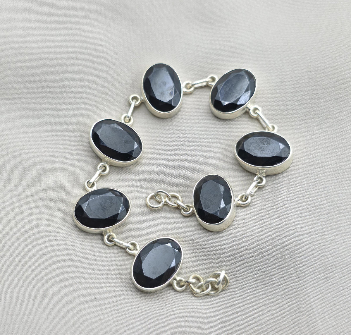 Black Onyx 925 Sterling Silver Faceted Oval Stone Link Bracelet Handmade Jewelry