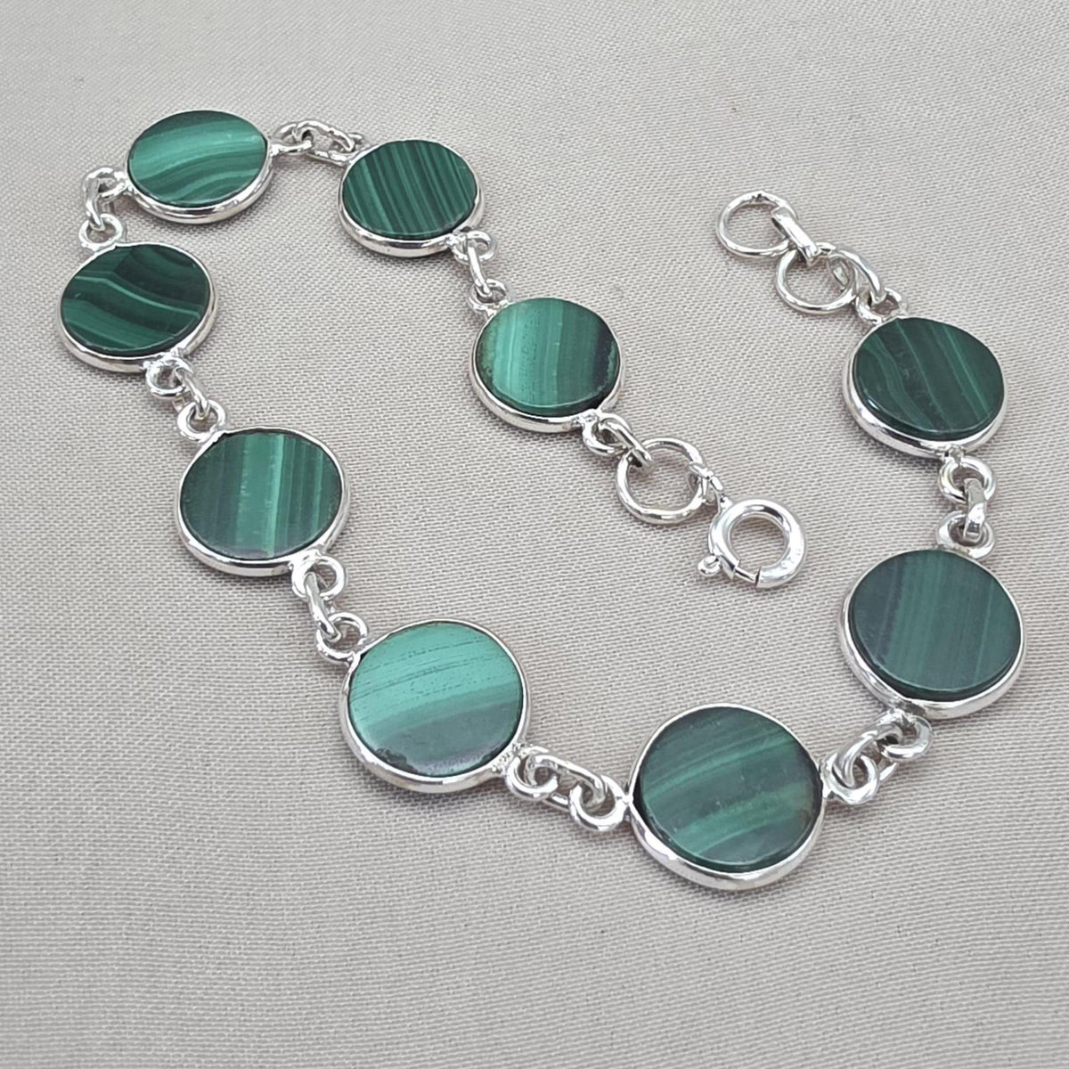 Malachite Bracelet 925 Sterling Silver Round Cabochon Green Gemstone Link Bracelet Handmade Jewelry