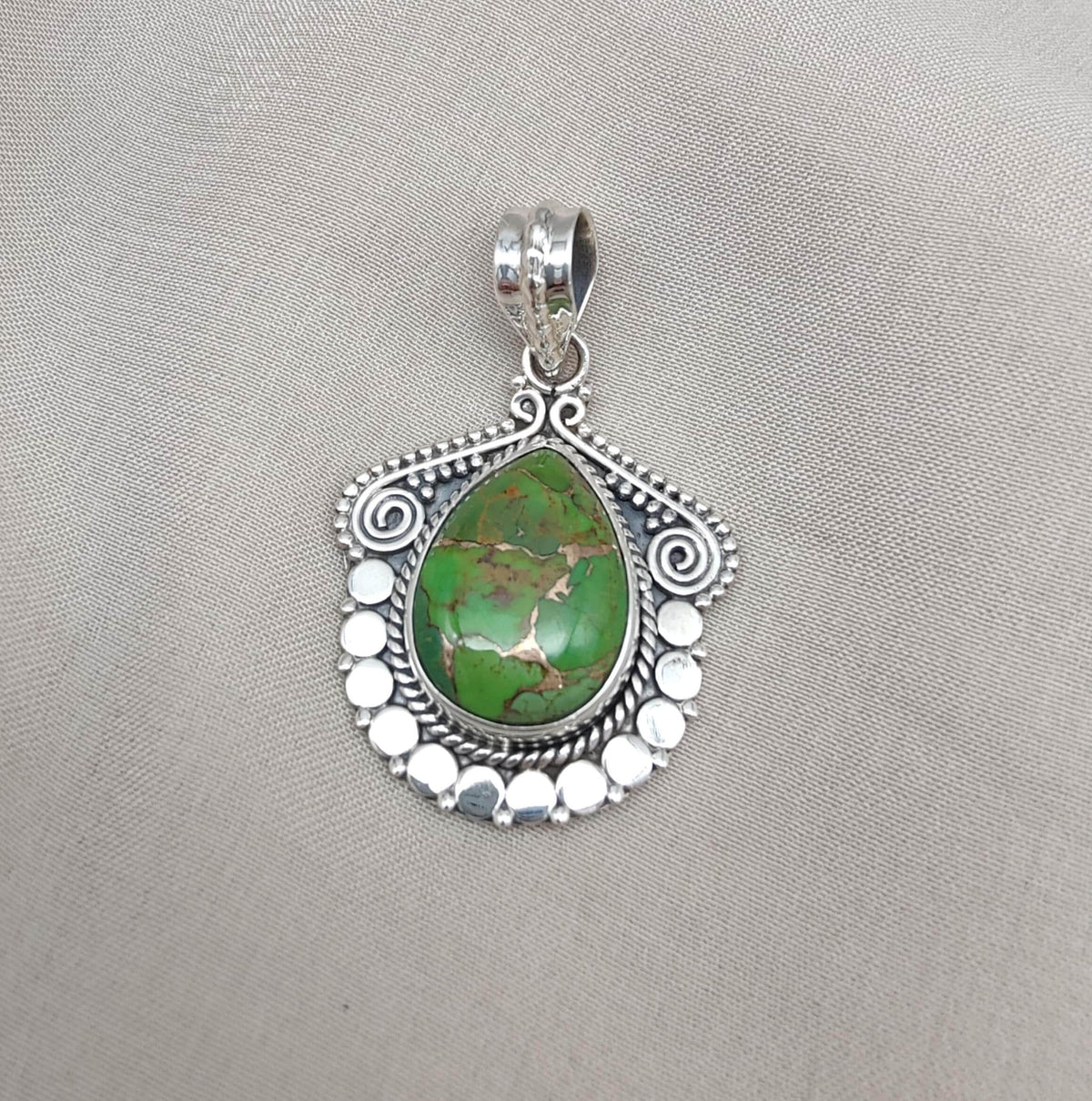 Green Copper Turquoise Pendant Necklace: 925 Sterling Silver Boho Jewelry