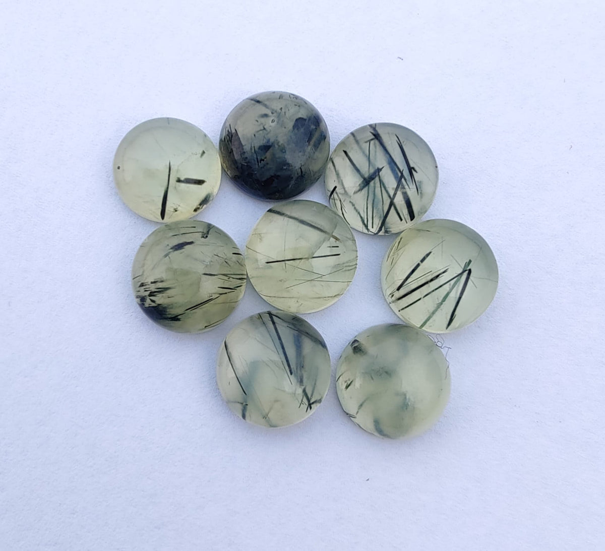 AAA+ Quality Natural Prehnite Rutile Round Shape Cabochon Flat Back Calibrated Wholesale Gemstones, All Sizes Available